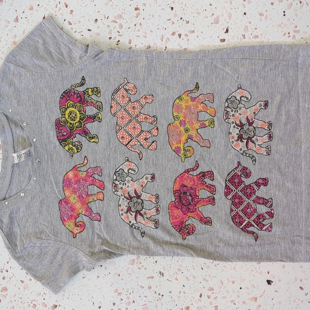 Beautees | Bohemian Elephants on Grey T-Shirt with Studded Neckline | M
